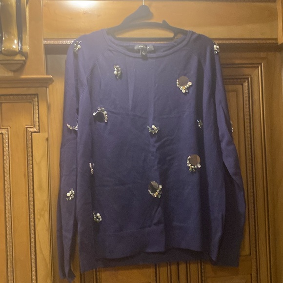 NWOT Ann Taylor Navy Blue Silver Rhinestone Embellishment Sweater Size Large - Picture 2 of 7